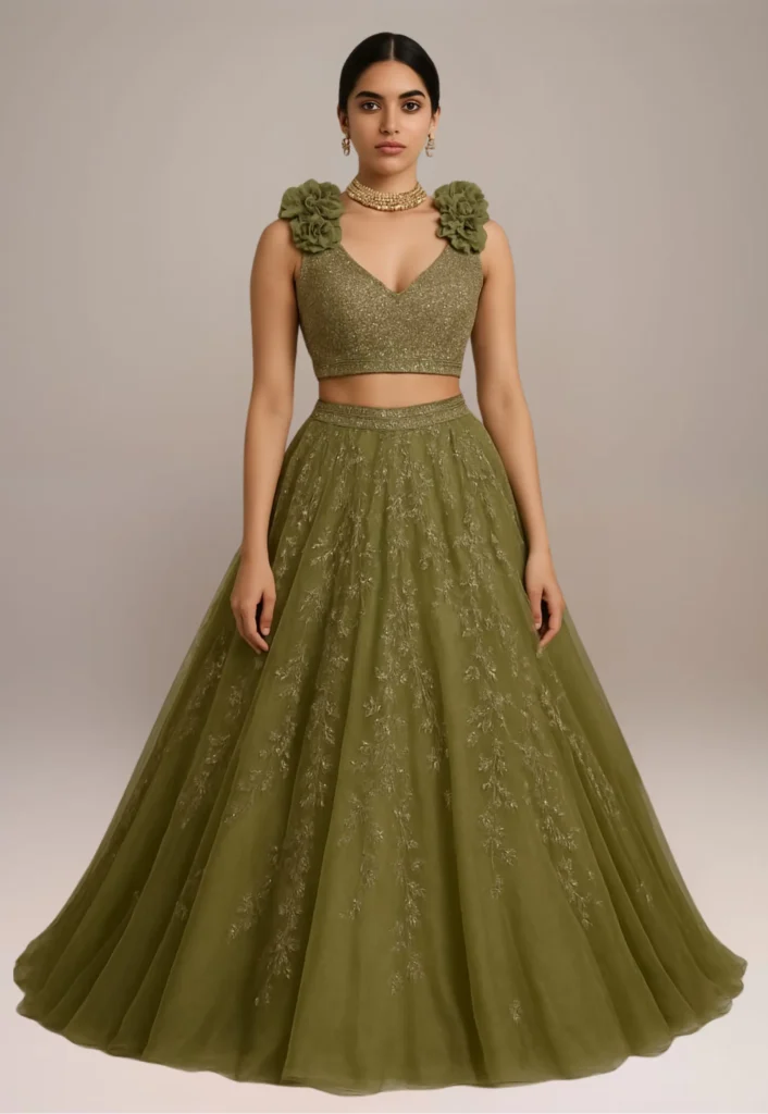 olive green colour dress with shoulder pops this image show about the xtichify work