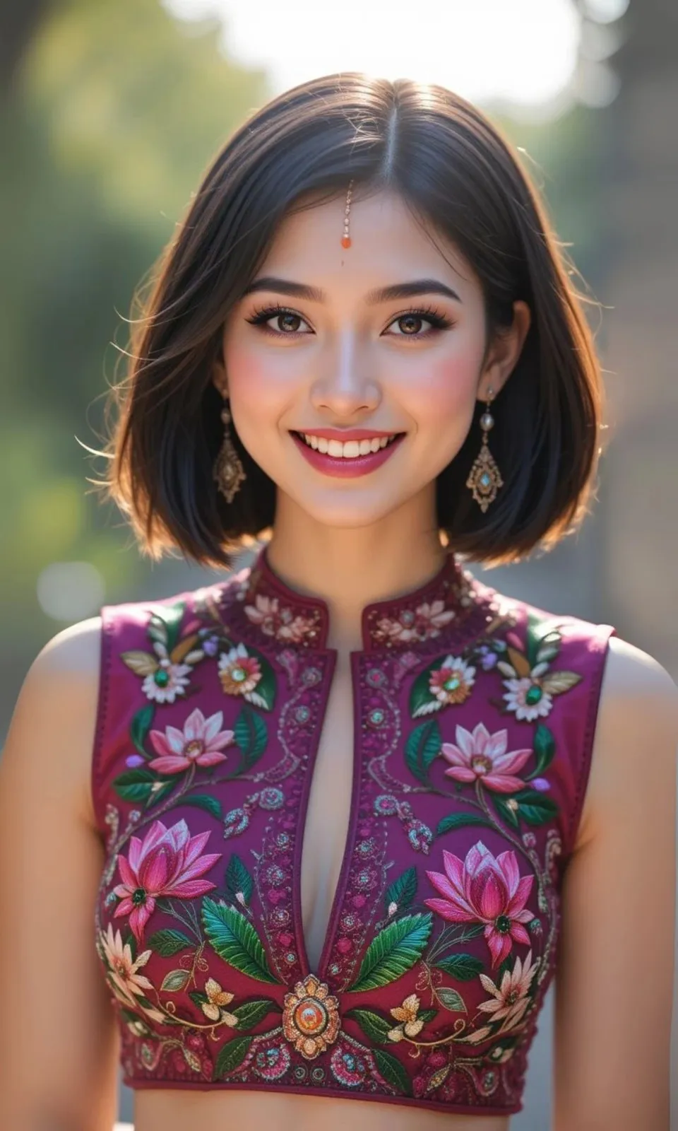 Keyhole Neck Floral Embroidered Blouse