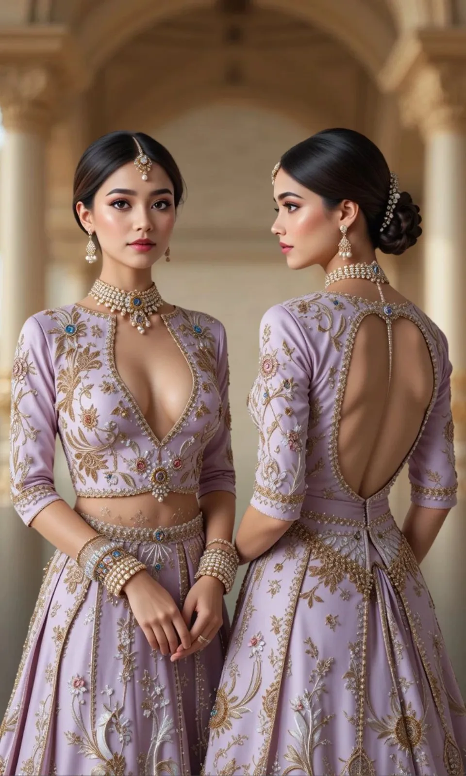 Deep front V-neck, open back with keyhole cutout