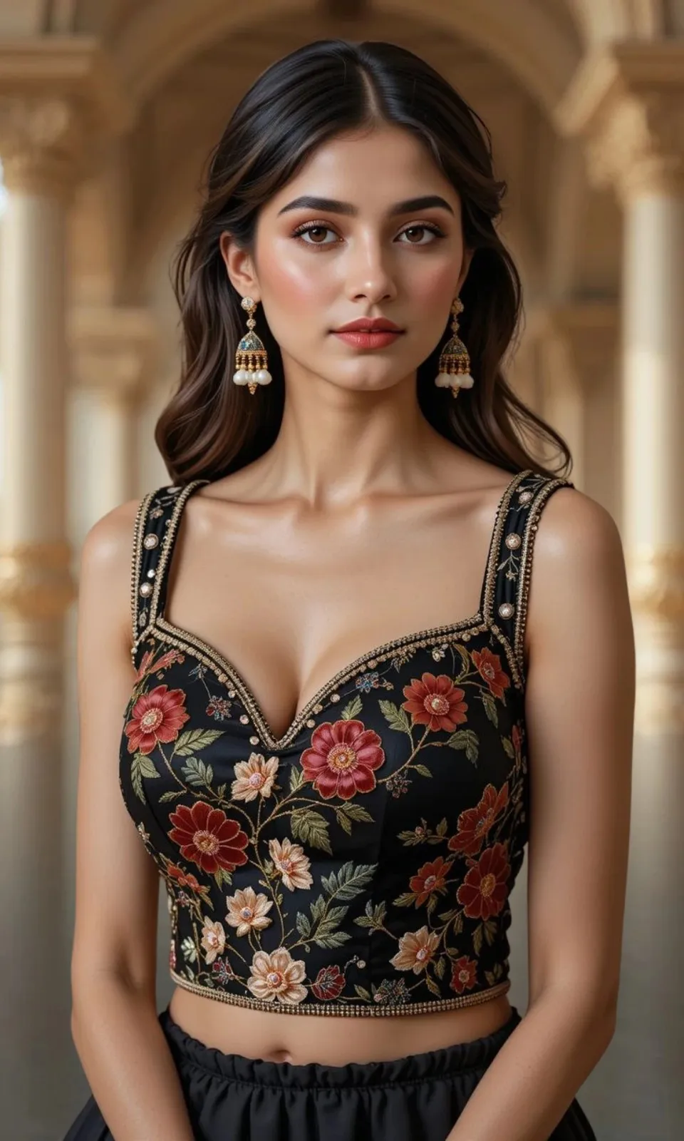 Black Floral V-Neck Sleeveless Embroidered Blouse