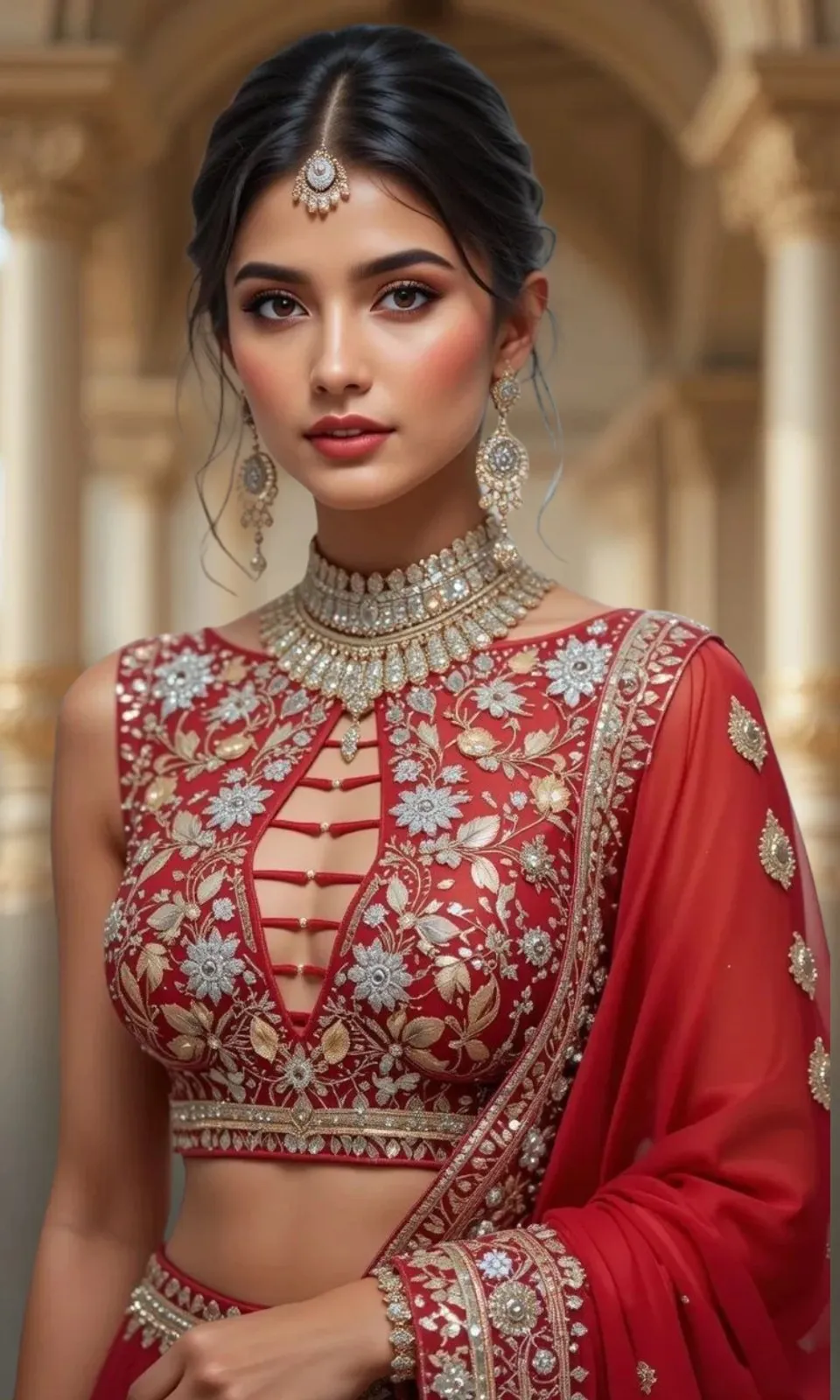 Red Net Panel Blouse with Ladder Cut Neckline for Contemporary Wedding/Sangeet Blouse.