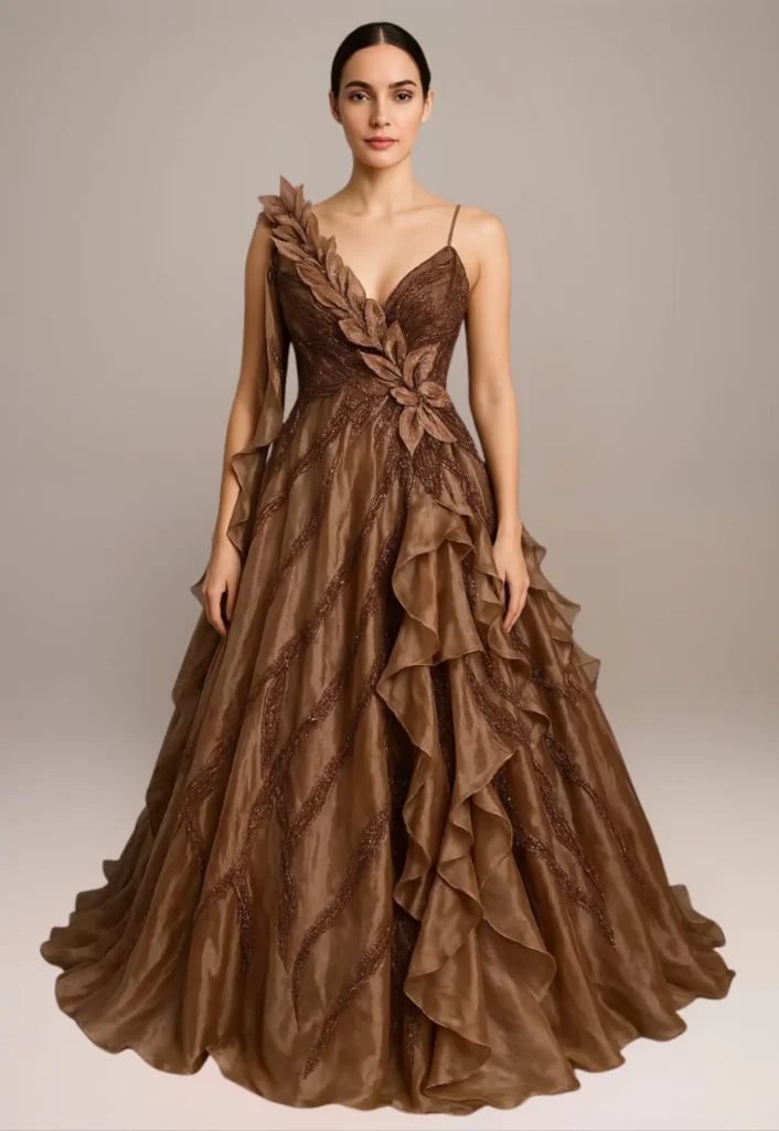 brown gown with extra design by xtichify and help to make a fablous party