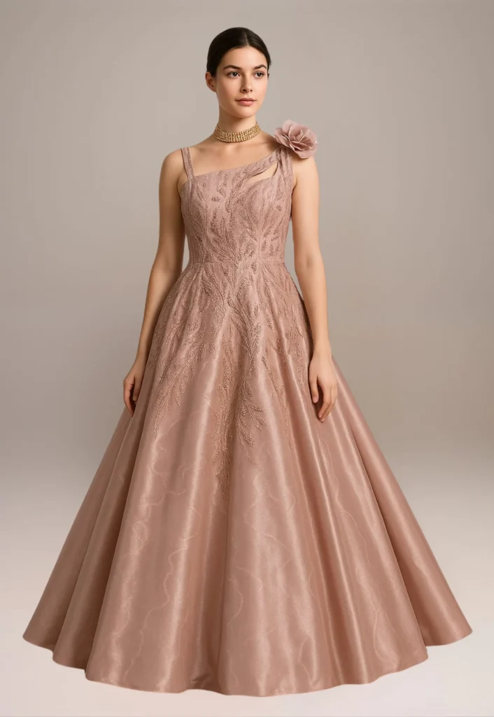 Light pink gown of one shoulder flower and its wear in party and wedding celebration and representetive by xtichify.com