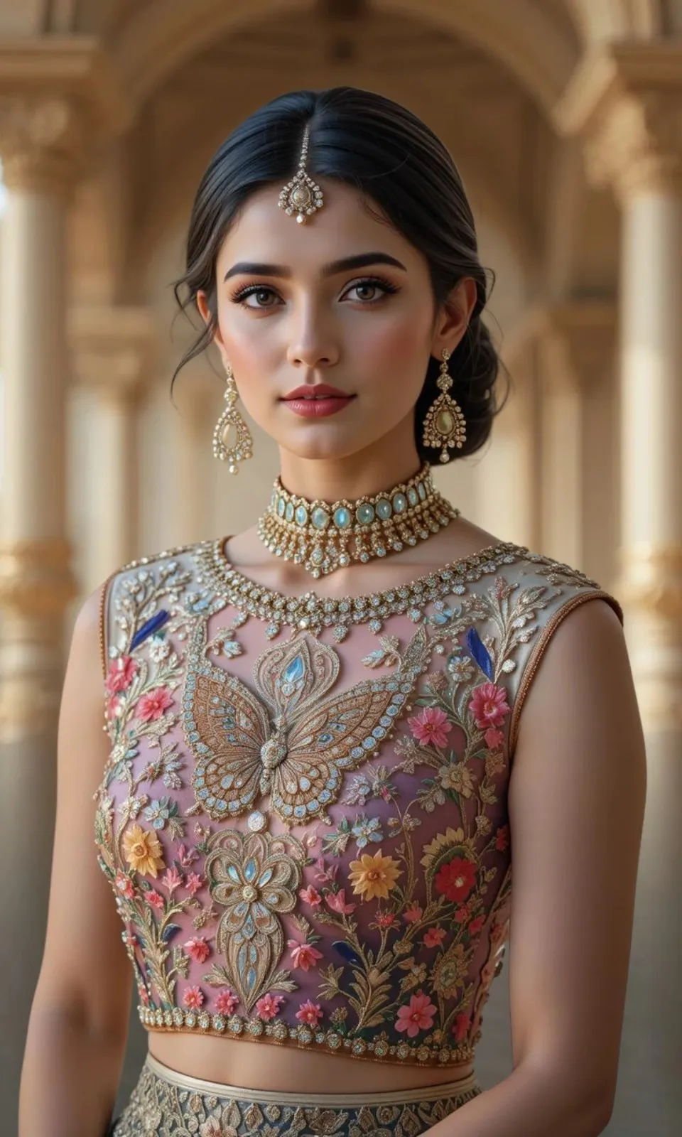 Jewel Neck Blouse with Full Front Work for commanly wear by girl in party by xtichify.com