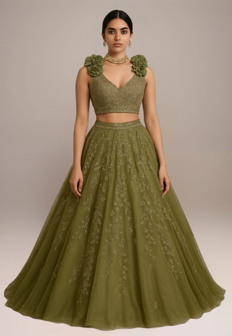 A young woman wearing an olive green lehenga choli adorned with intricate embroidery and floral shoulder detailing, paired with a traditional choker necklace — perfect for weddings or festive occasions.