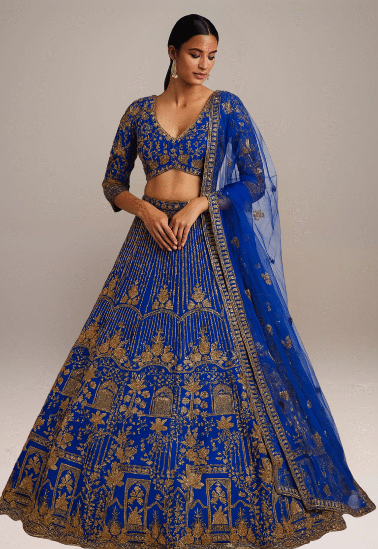 A woman wear a blue lehenga with Embroidered design with finishing striching design