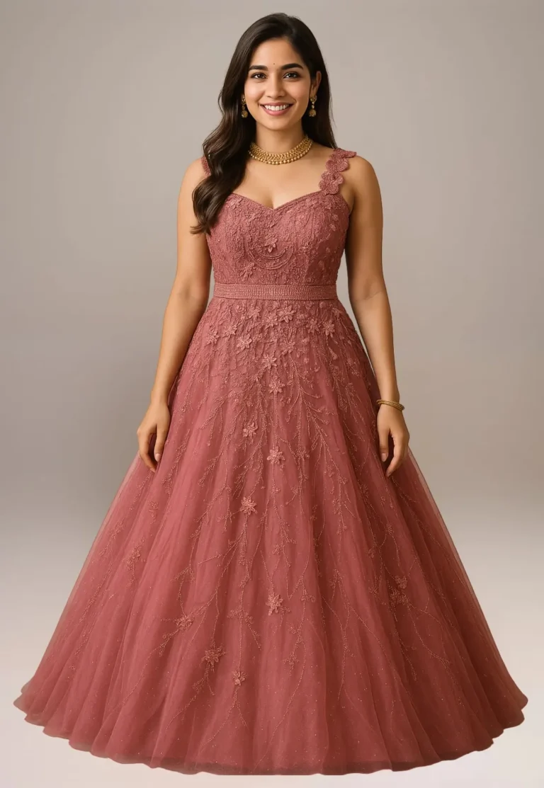 A woman wear pink gown with hand work best for party wear dress