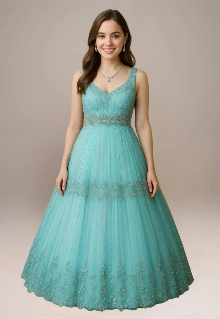 A woman model wear a embroidered gown best for wedding