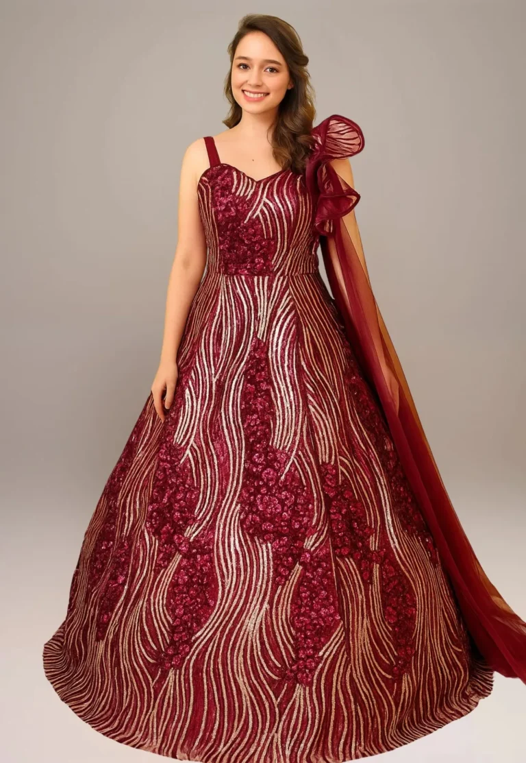 A woman model wear a embroidered gown best for wedding
