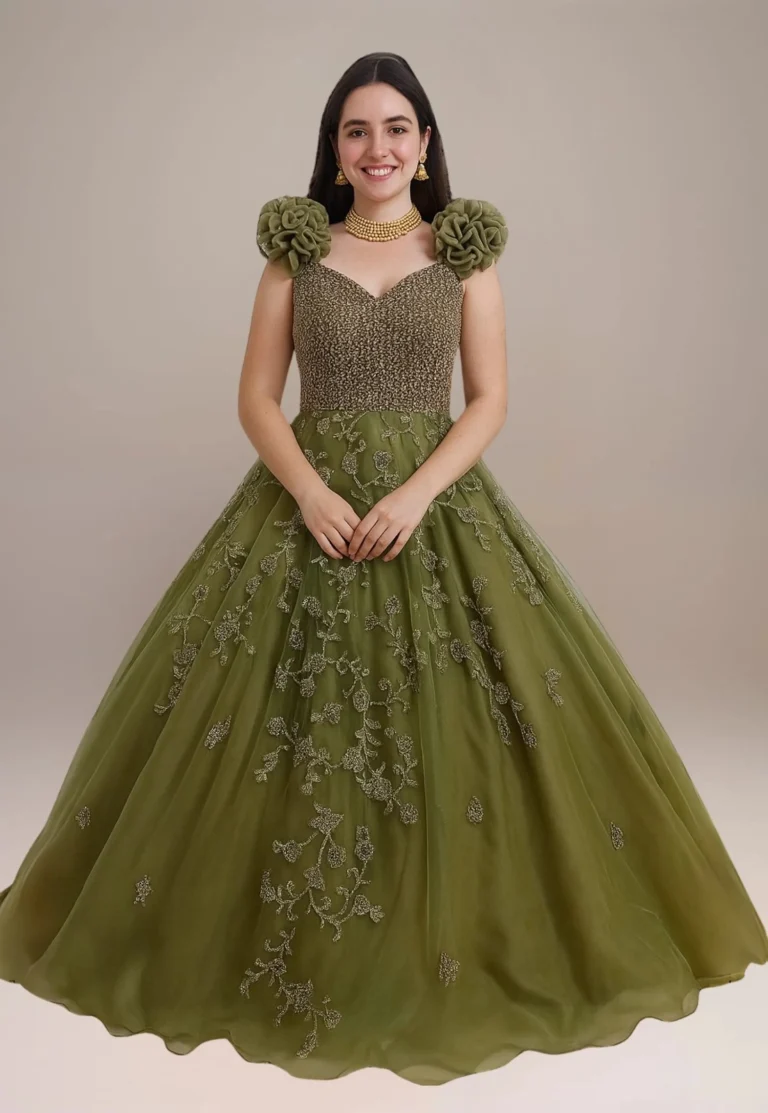 A woman model wear a embroidered gown best for wedding