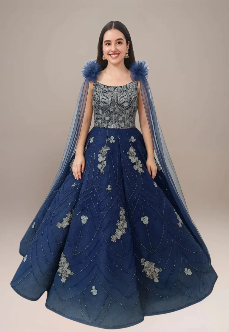 A woman model wear a embroidered gown best for wedding