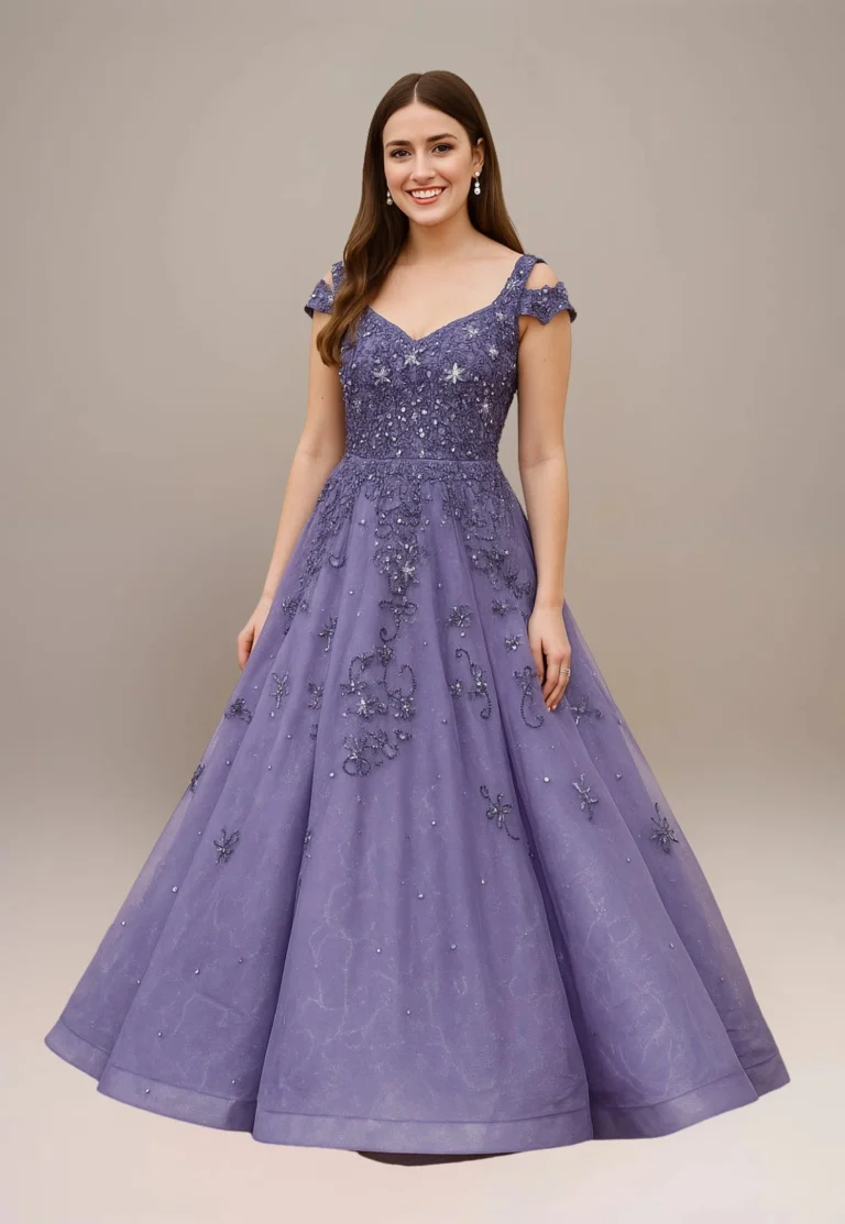 A woman model wear a embroidered gown best for wedding