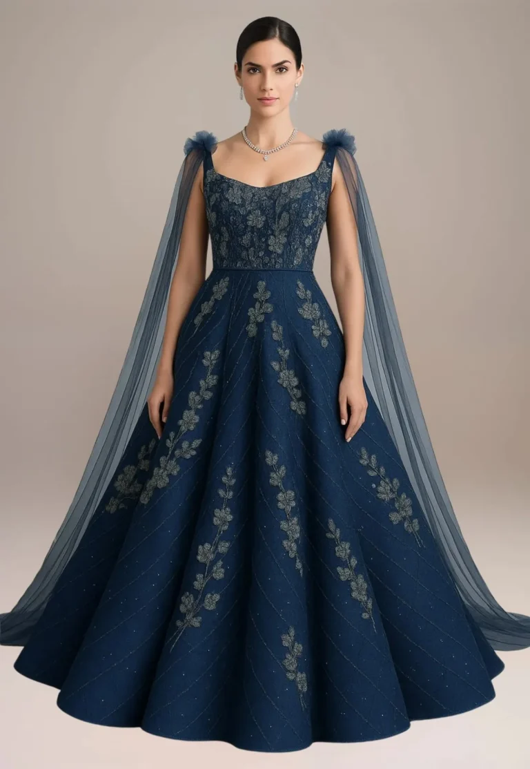 A woman model wear a embroidered gown best for wedding