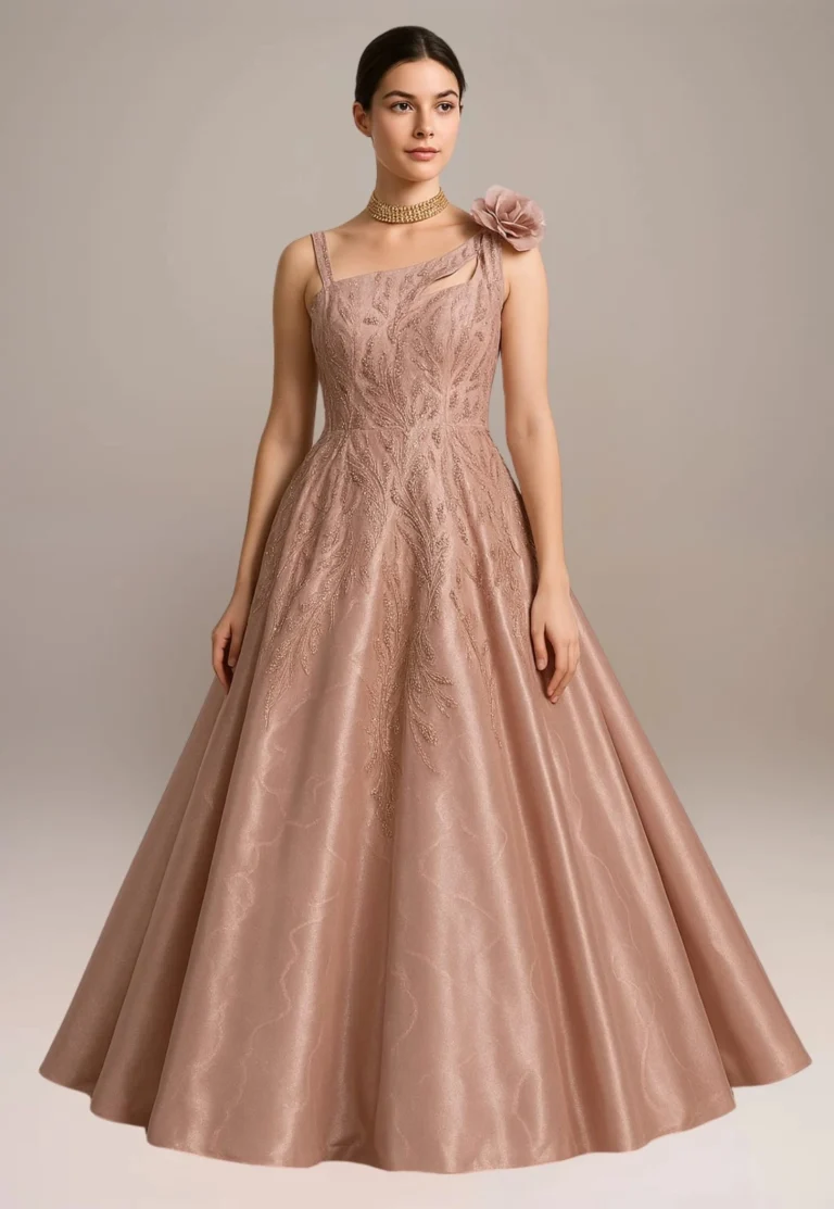 A woman wear a light pink gown with one shoulder flower