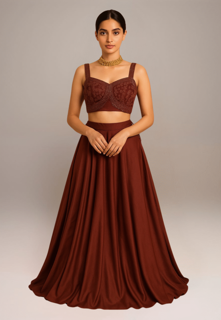 A woman model wear wine colour lehenga which is best for any kind of celebration by xtichify