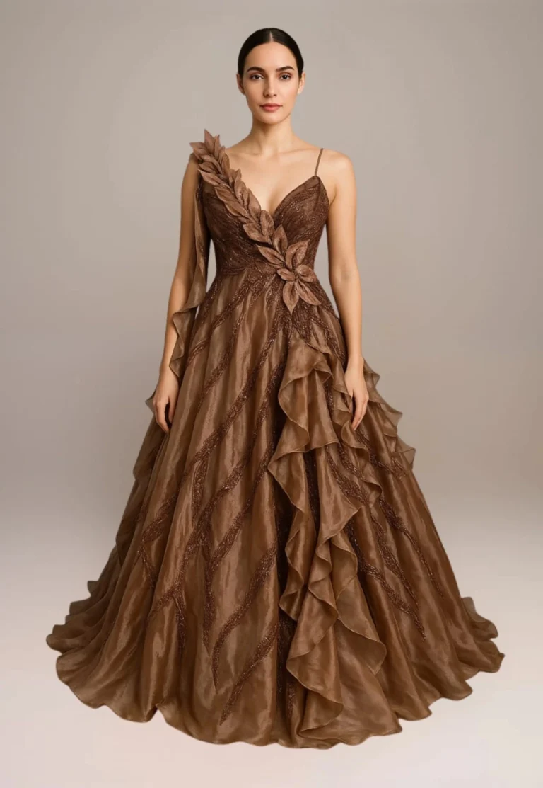 A woman wear a brown gown with hand work with finishing striching design