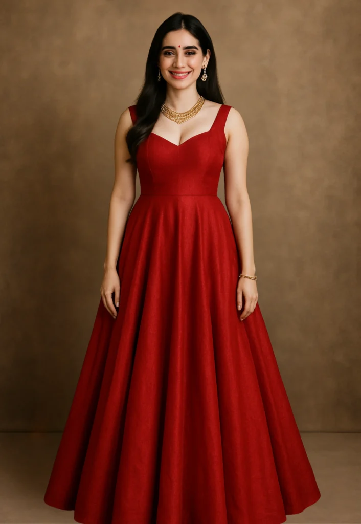 This this image a female model wear a gown and gown colour red