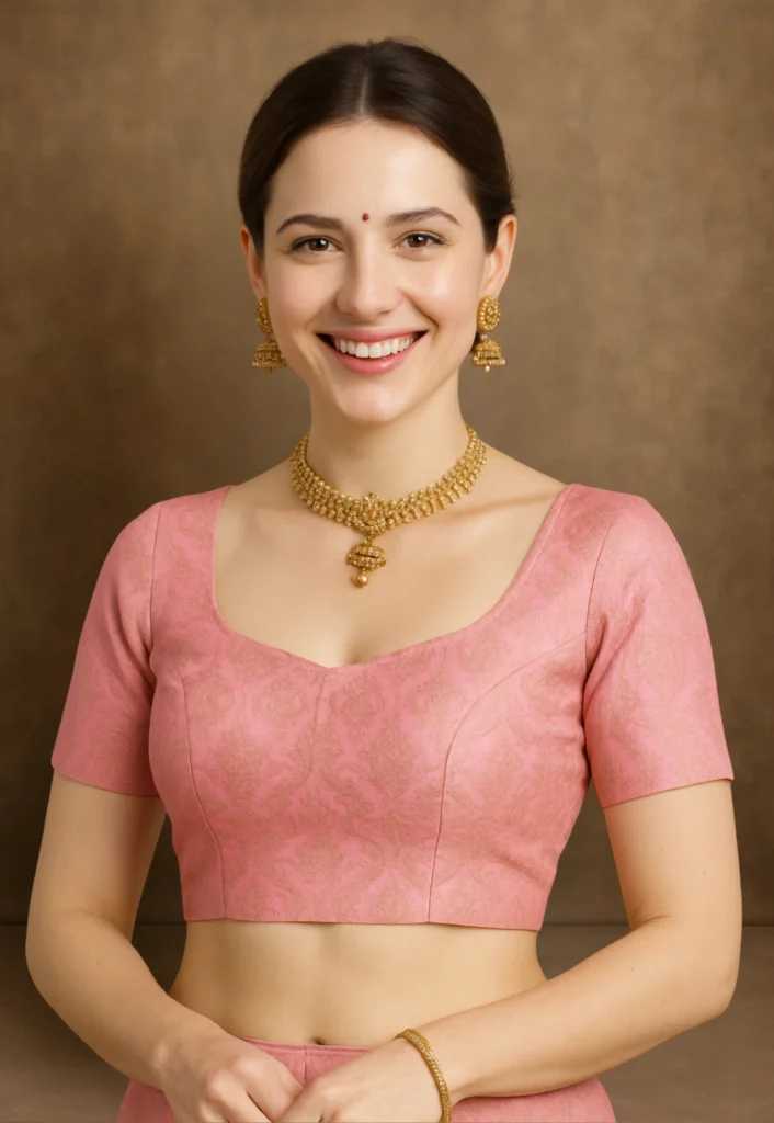 In this image a female model wear a pink colour blouse- xtichify.com