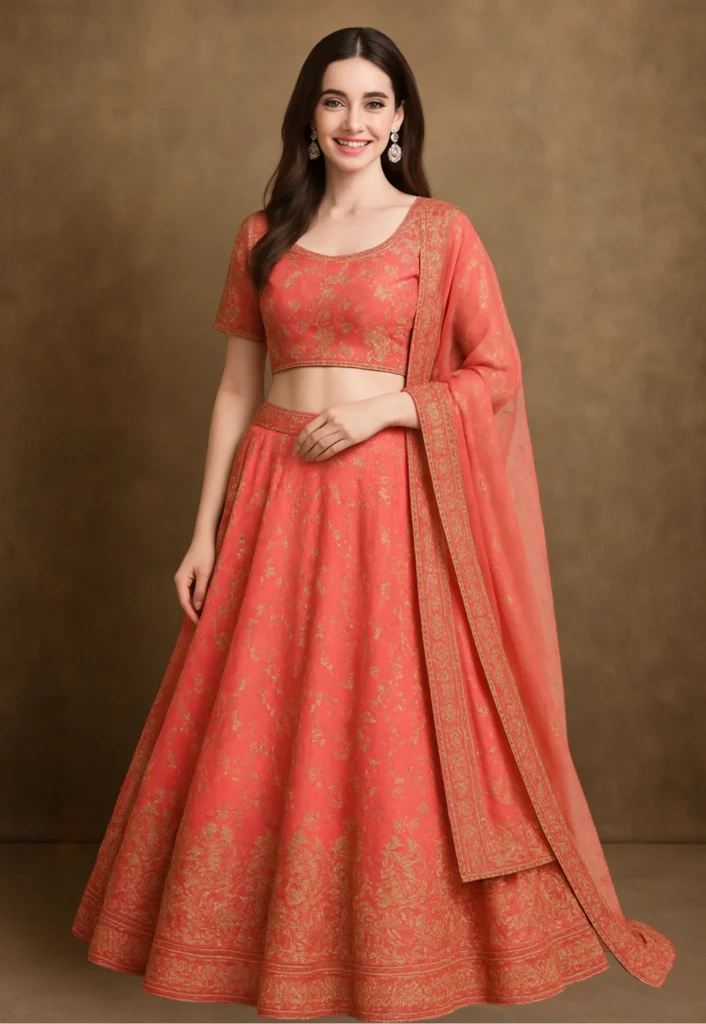In this blouse a indan female model wear a pink colour lehenga -xtichify