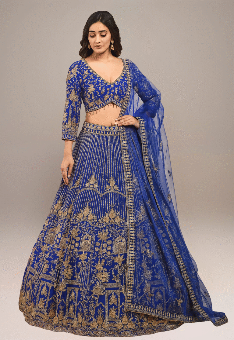 A woman model wear a embroidered lehenga best for wedding