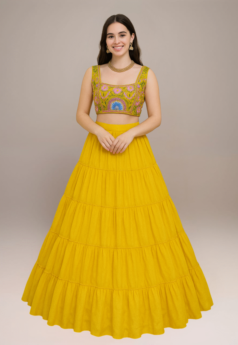 A women model wear yellow crop top with Embroidered blouse