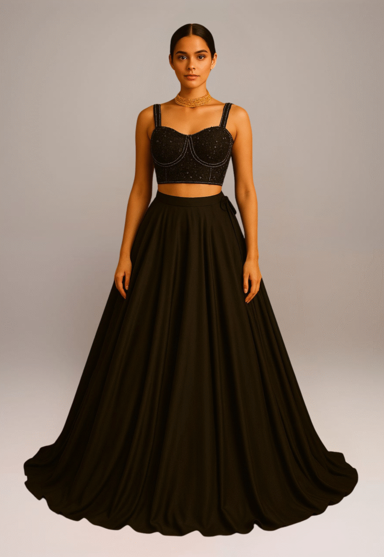 A woman wear z-black crop top best for party wear dress
