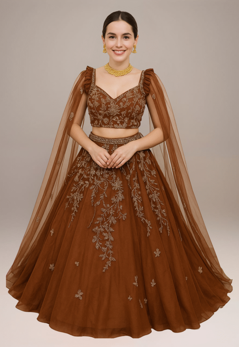 A women wear a coffee colour crop top with hand work blouse