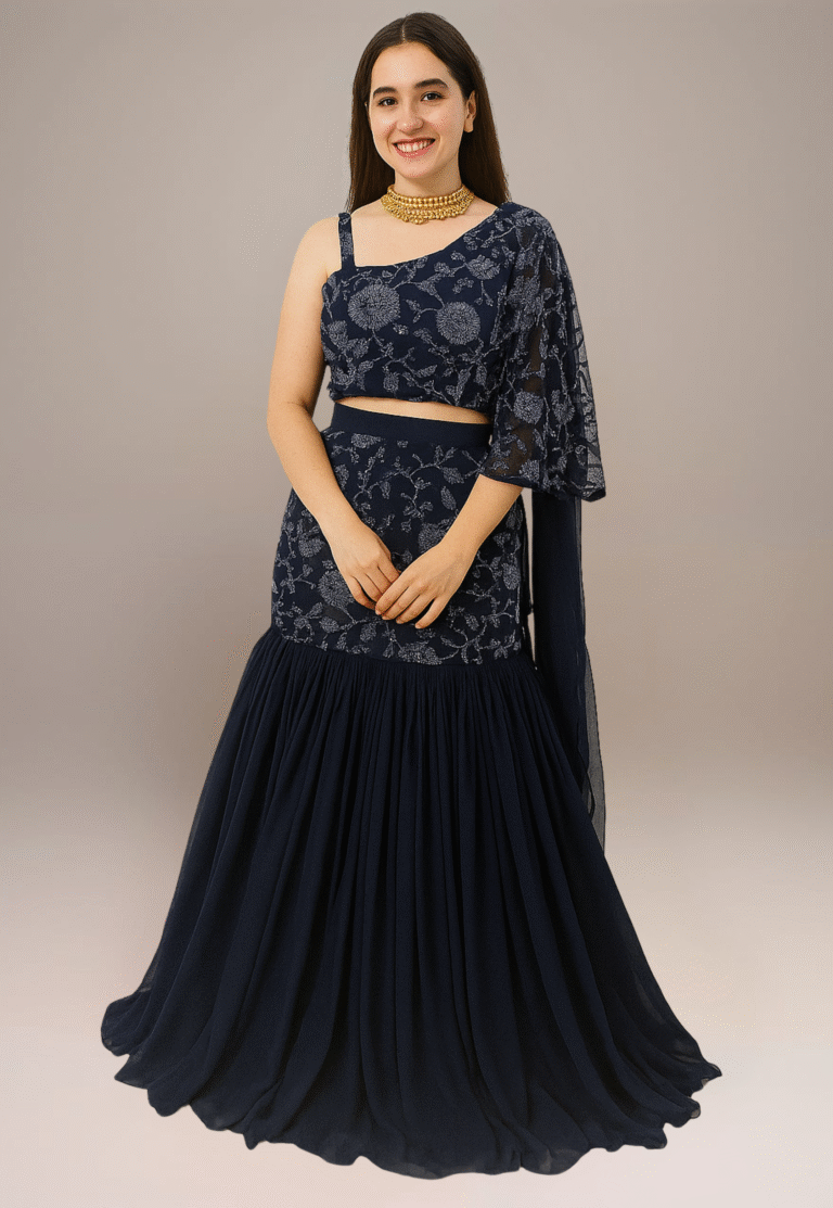 A woman model wear a blue colour fish cut crop top with one shoulder blouse