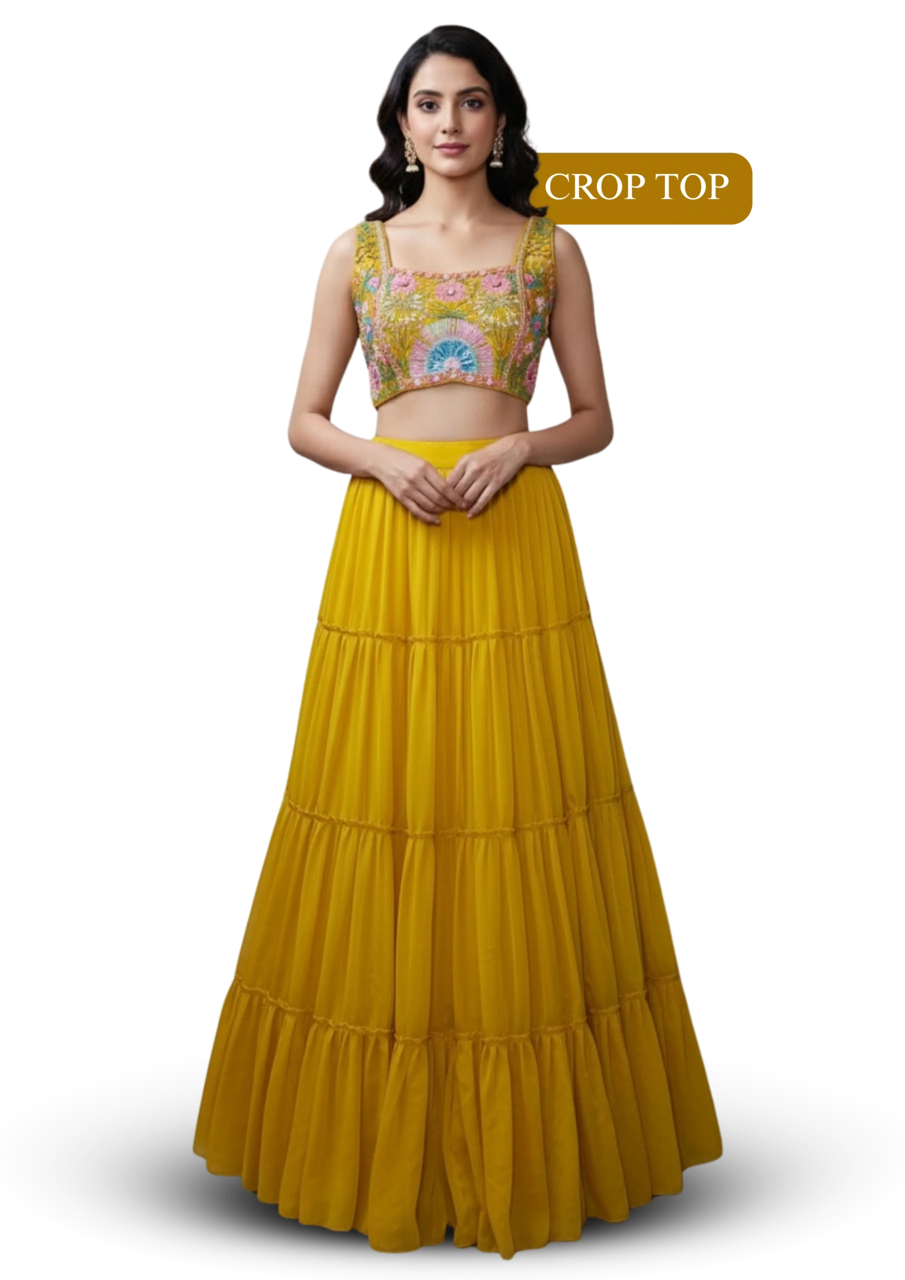 Yellow crop top with Embroidered blouse