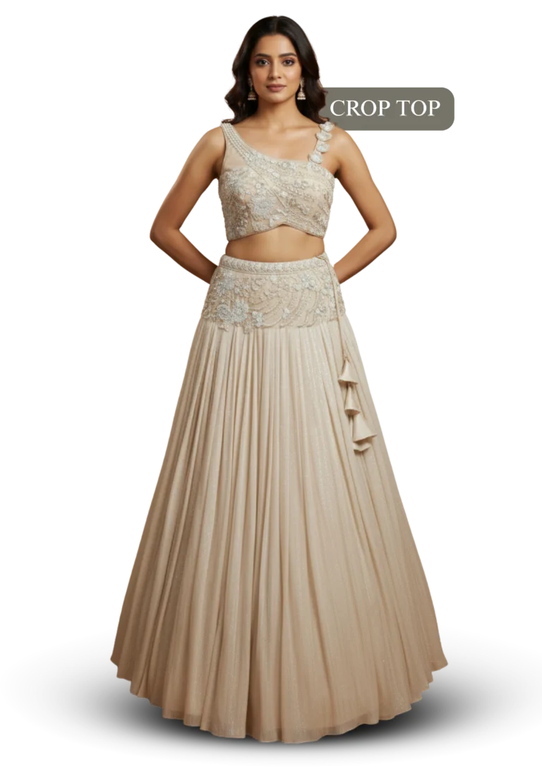 Beige color party wear gown with modern crop top design, giving a classy and elegant festive look