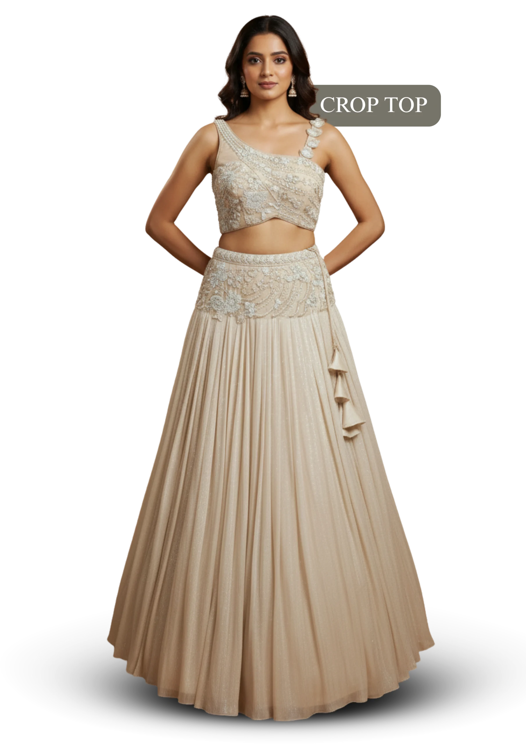Beige color party wear gown with modern crop top design, giving a classy and elegant festive look