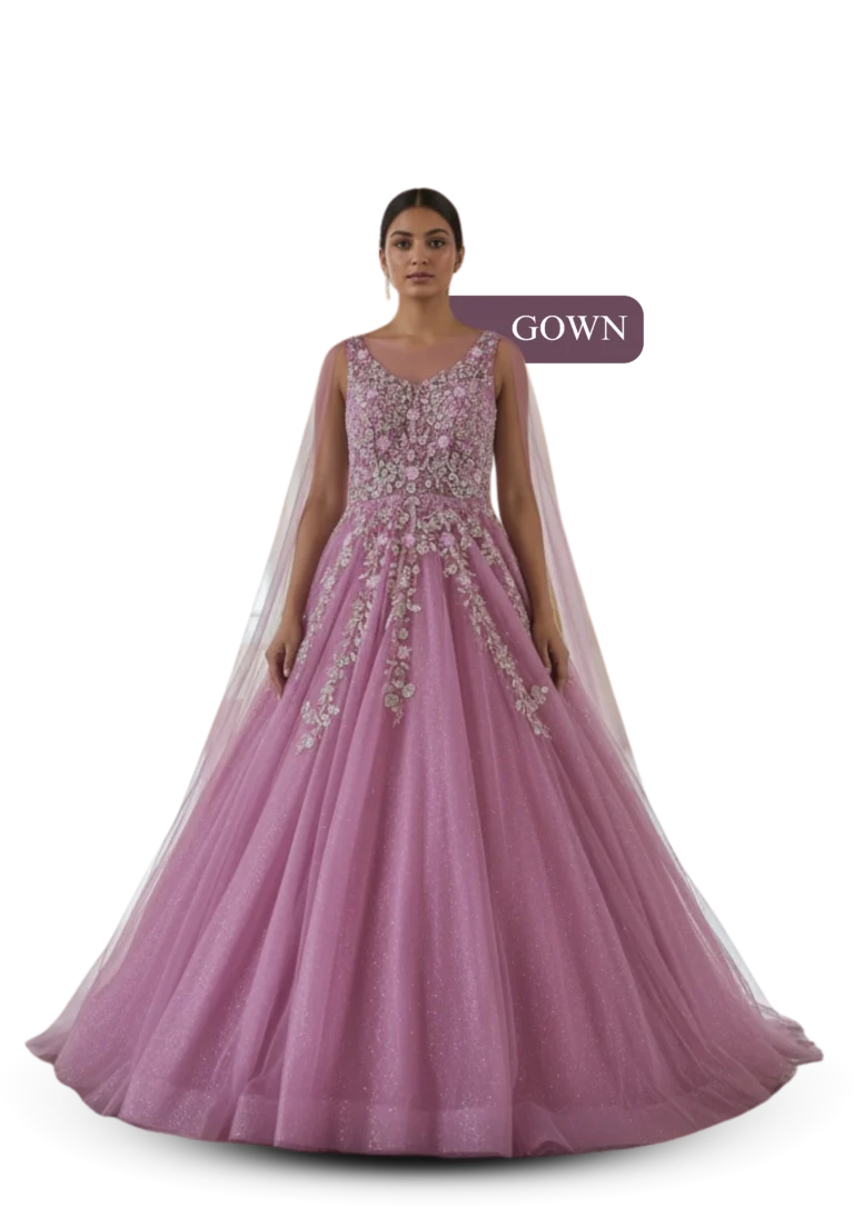 Stylish pink crop top gown with designer detailing, suitable for engagement, party and festive wear