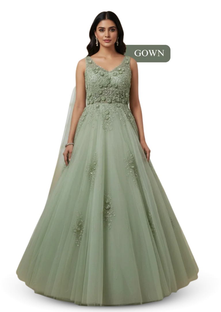 Green festive crop top gown with elegant flare and modern design, perfect for weddings and celebrations