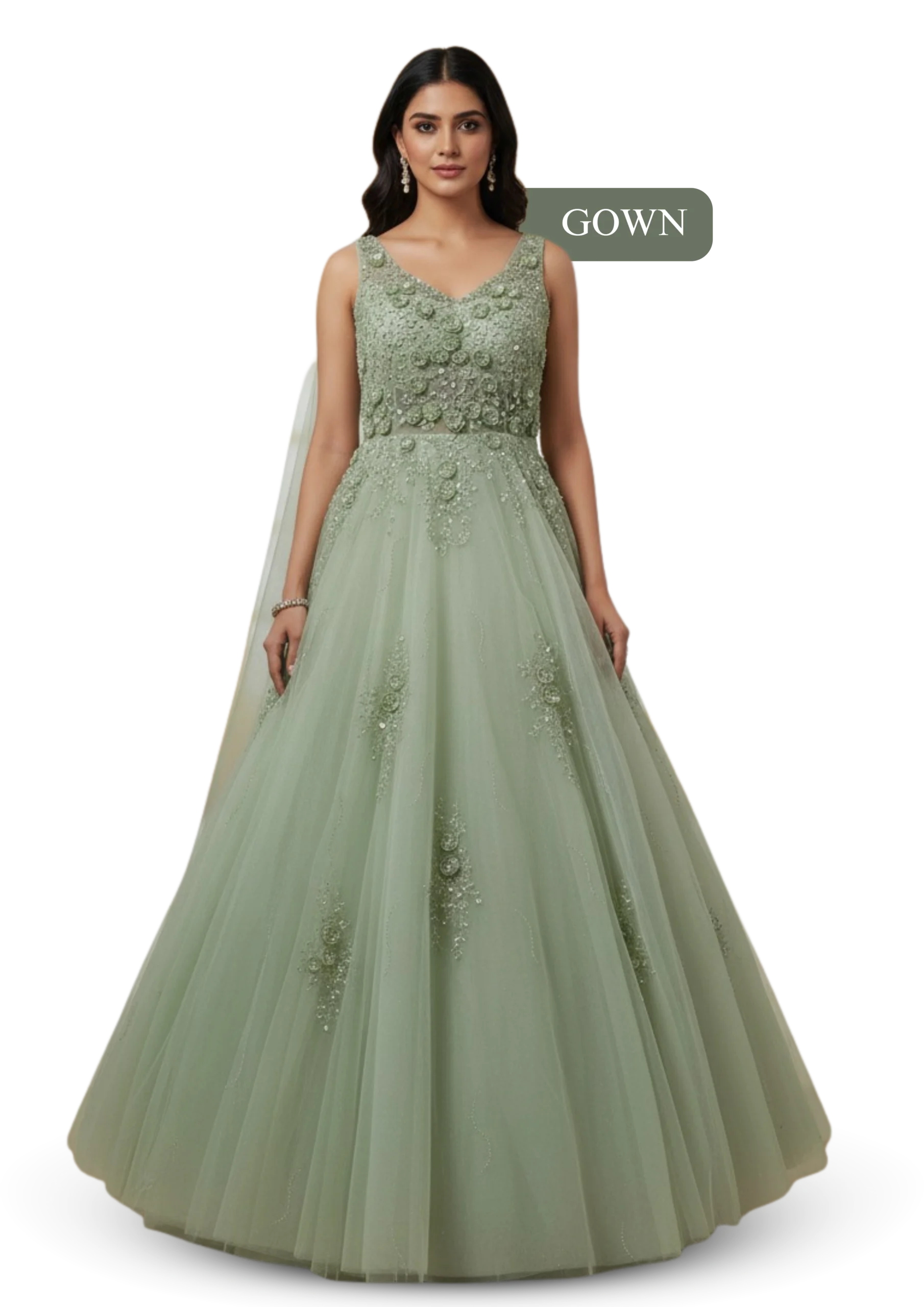 Green festive crop top gown with elegant flare and modern design, perfect for weddings and celebrations