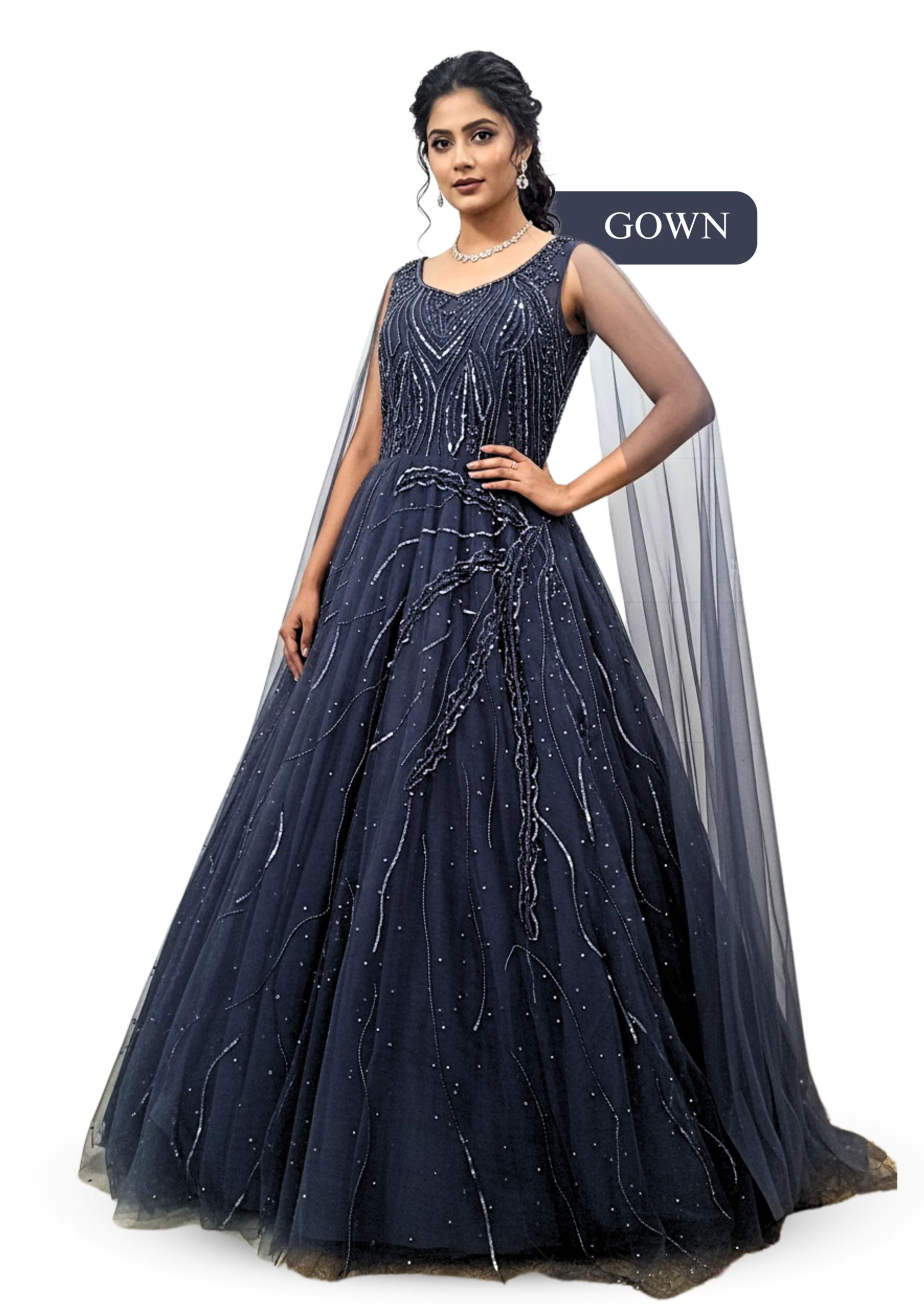 Model wearing navy blue designer gown with elegant embroidery, perfect for evening parties and receptions