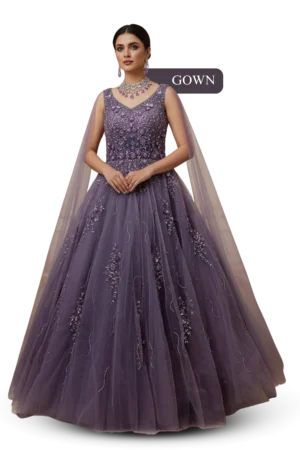 Lavender color embroidered gown with graceful flare, ideal for engagement, party and festive occasions