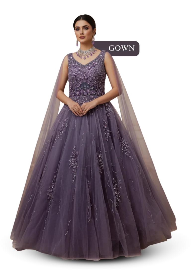 Lavender color embroidered gown with graceful flare, ideal for engagement, party and festive occasions