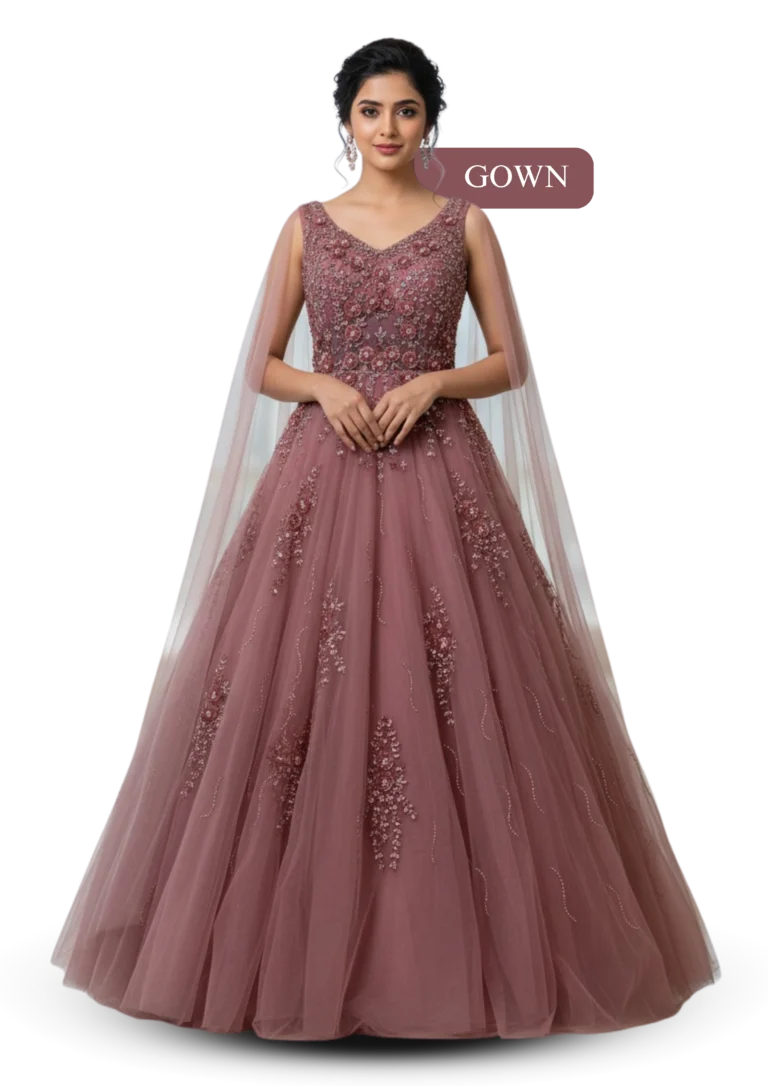 Mauve shade party wear gown with detailed embroidery and soft net flare for elegant festive look