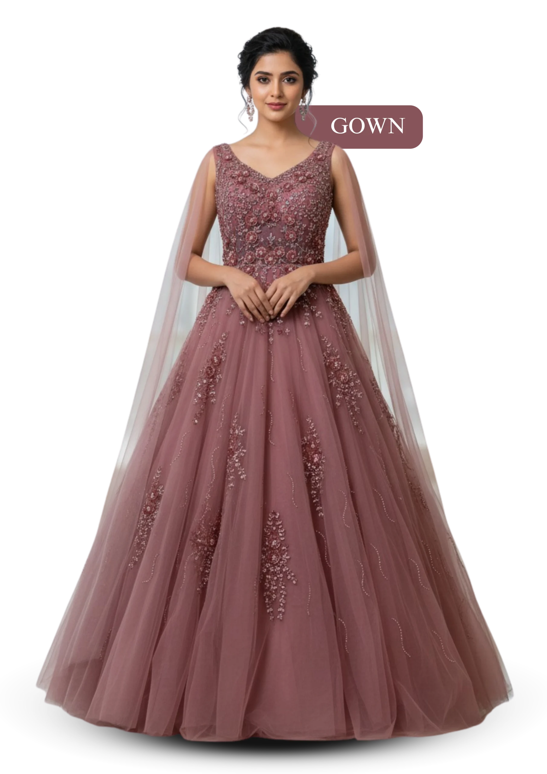 Mauve shade party wear gown with detailed embroidery and soft net flare for elegant festive look