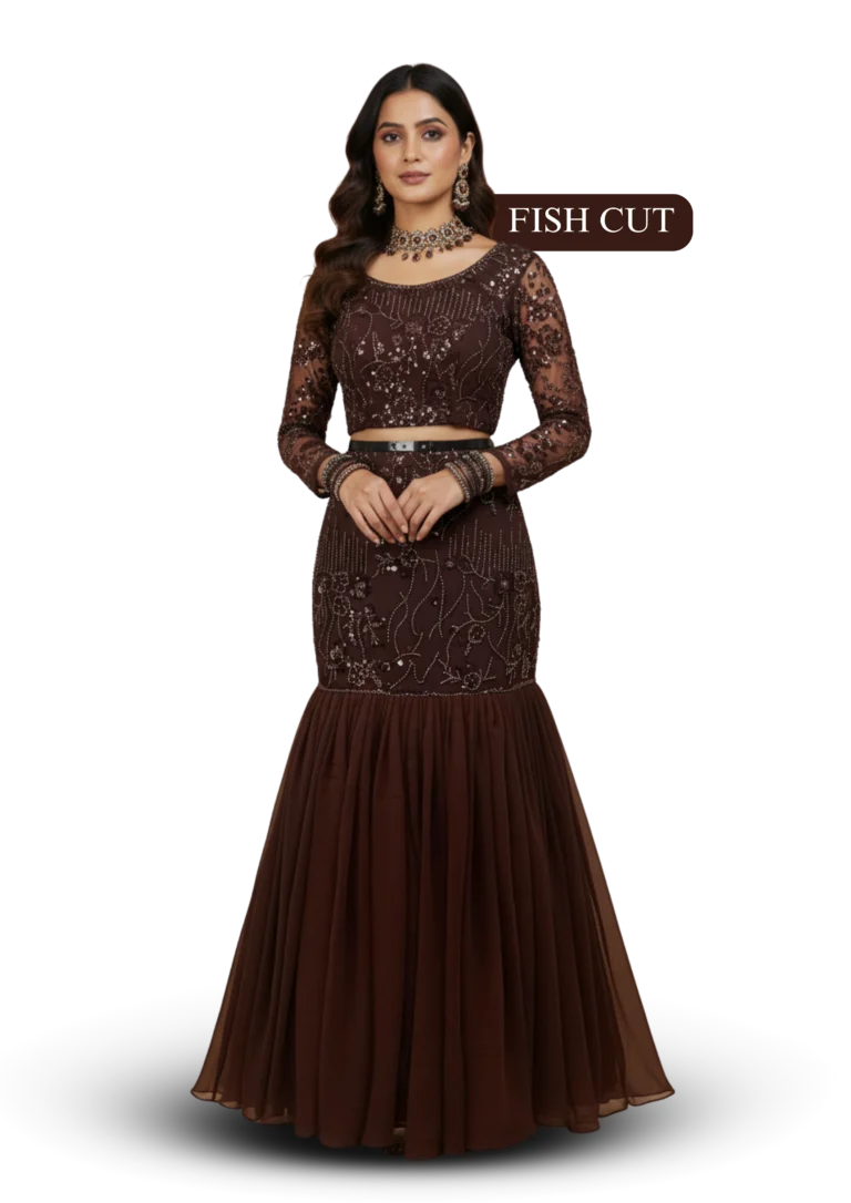 Brown fish cut gown with modern silhouette and heavy embroidery, suitable for receptions and evening events
