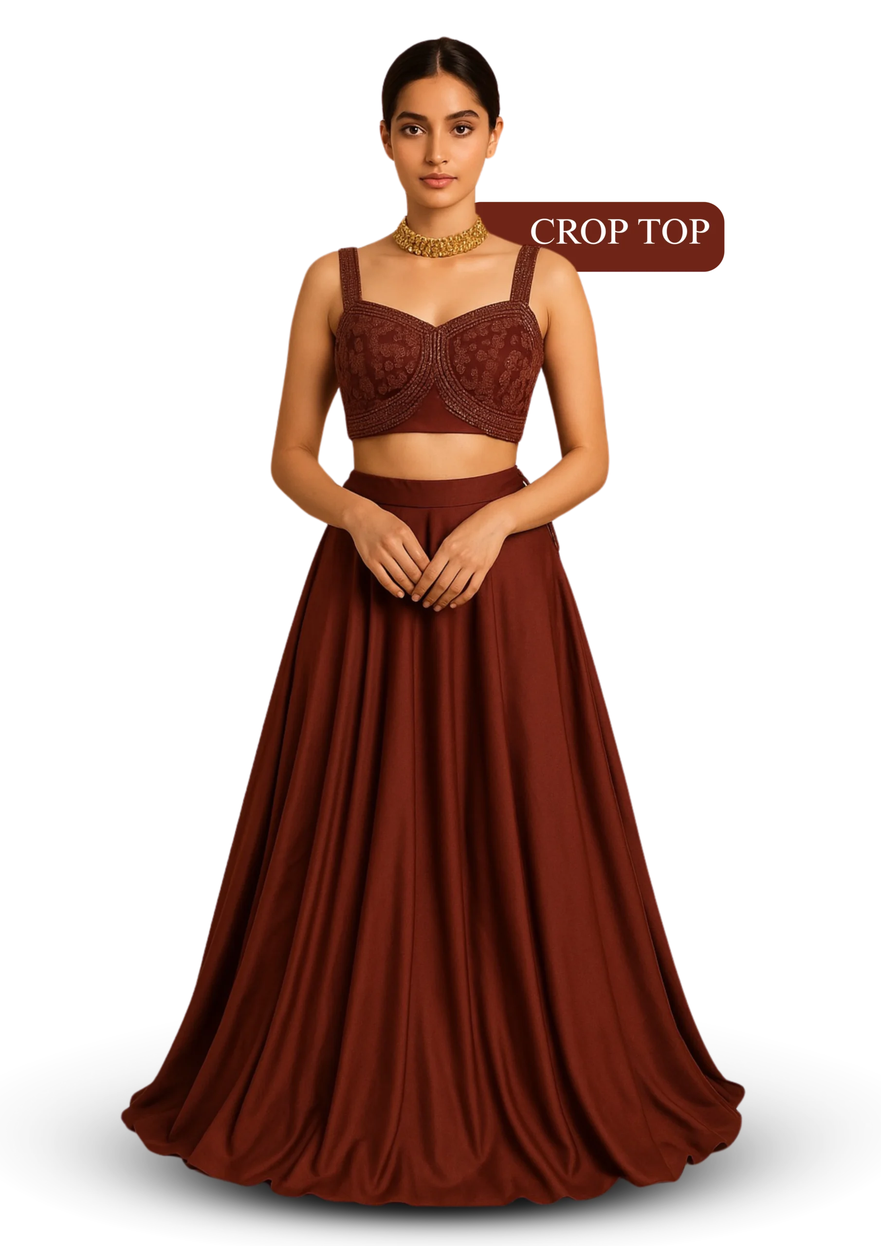 Maroon embroidered crop top lehenga with flared skirt for weddings, festive and traditional wear-xtichify.com