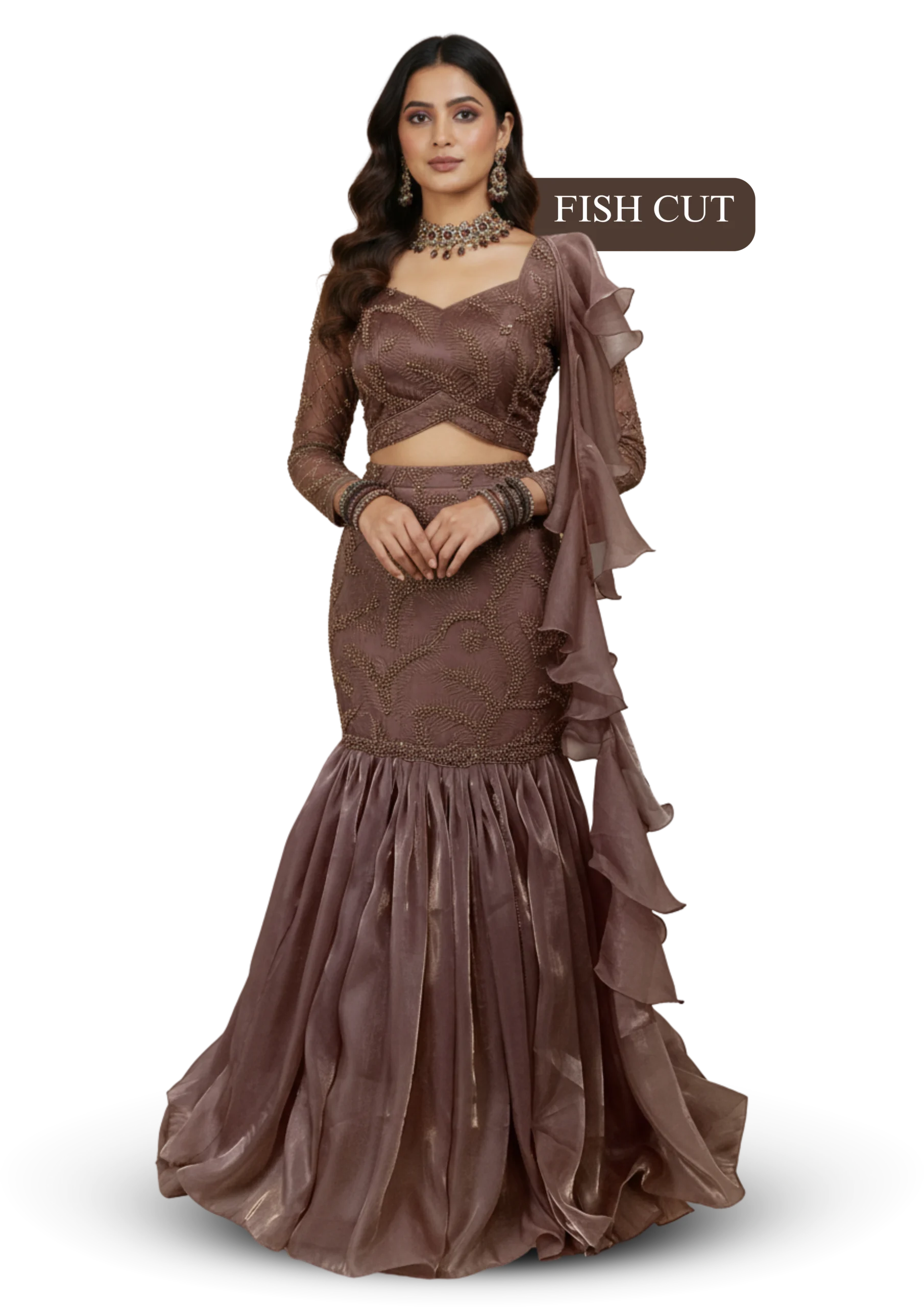 Brown fish cut gown with modern blouse design, layered flare and elegant embroidery for party wear