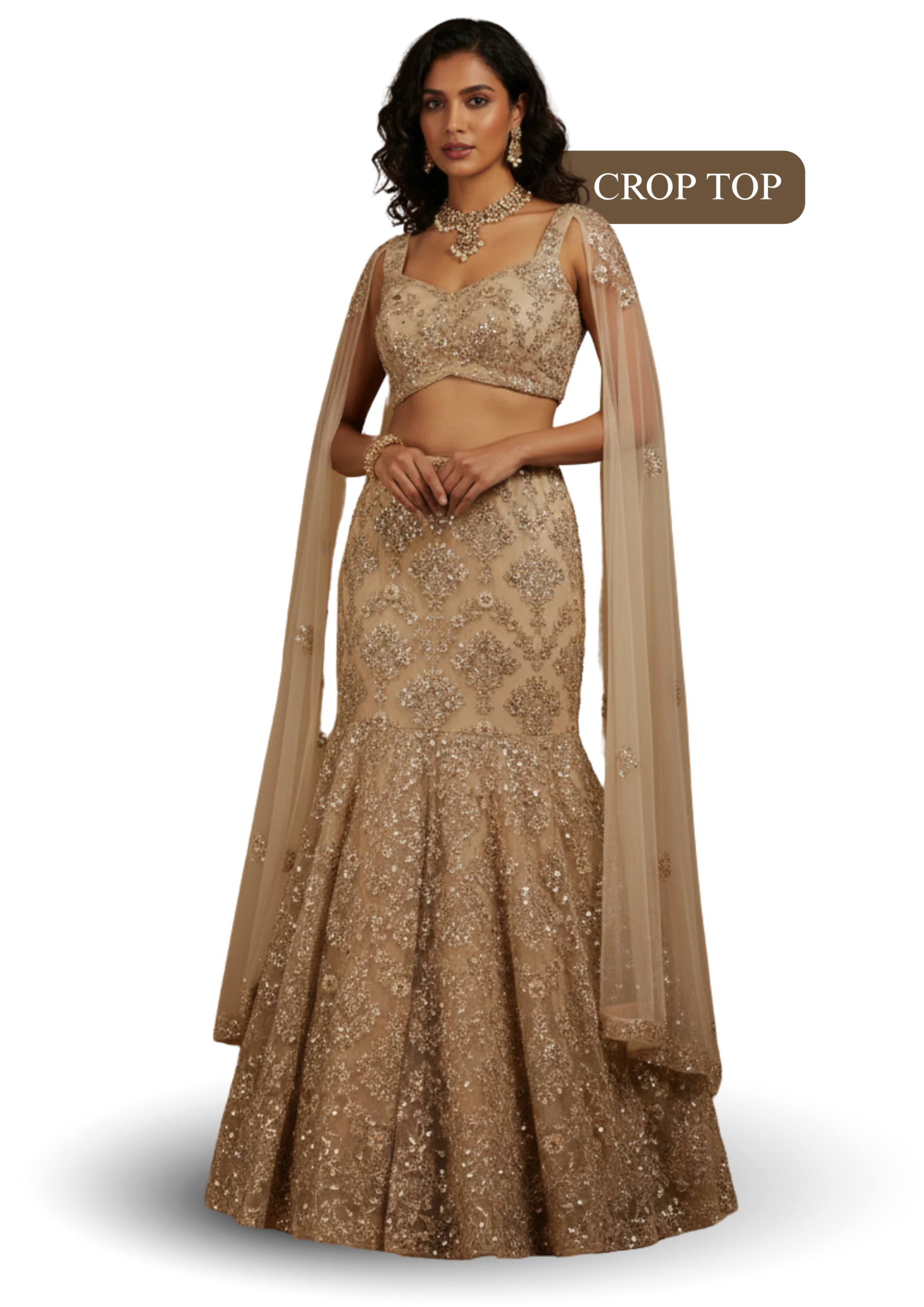 Beige crop top lehenga with heavy embroidery and net dupatta, perfect for wedding and festive occasions