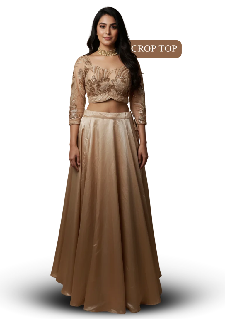 Golden crop top lehenga with embroidered blouse and flared skirt, ideal for receptions and parties
