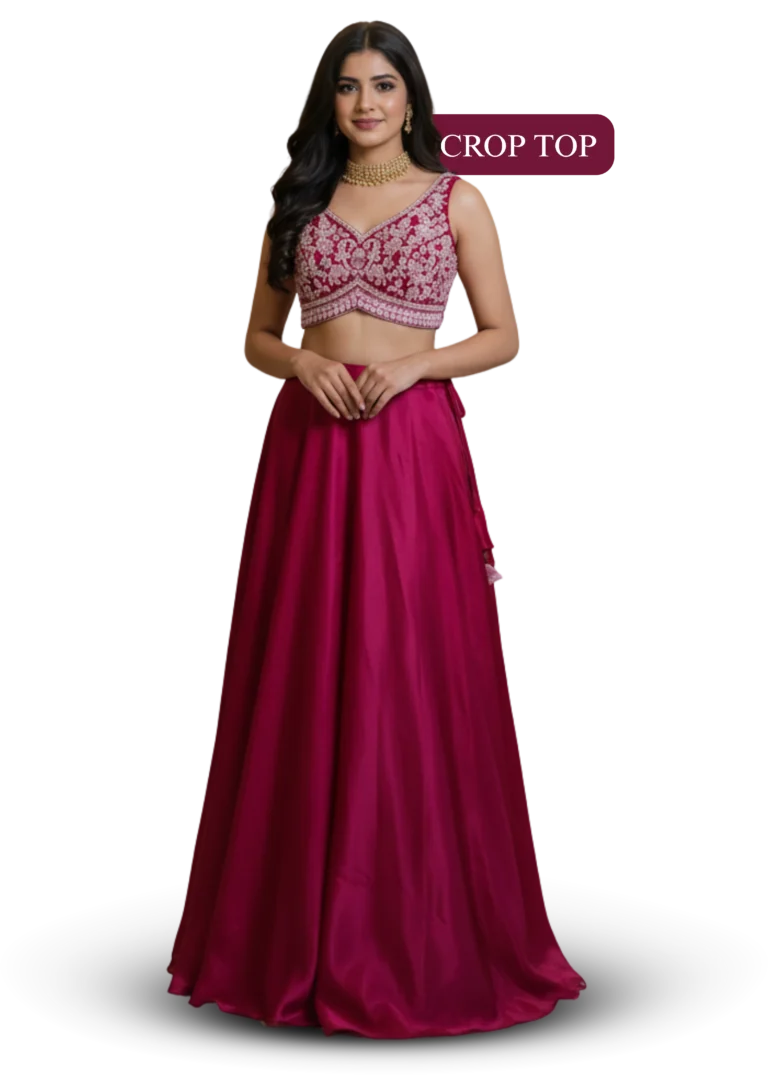 Pink crop top lehenga with embroidered blouse and flowy skirt for festive and engagement wear