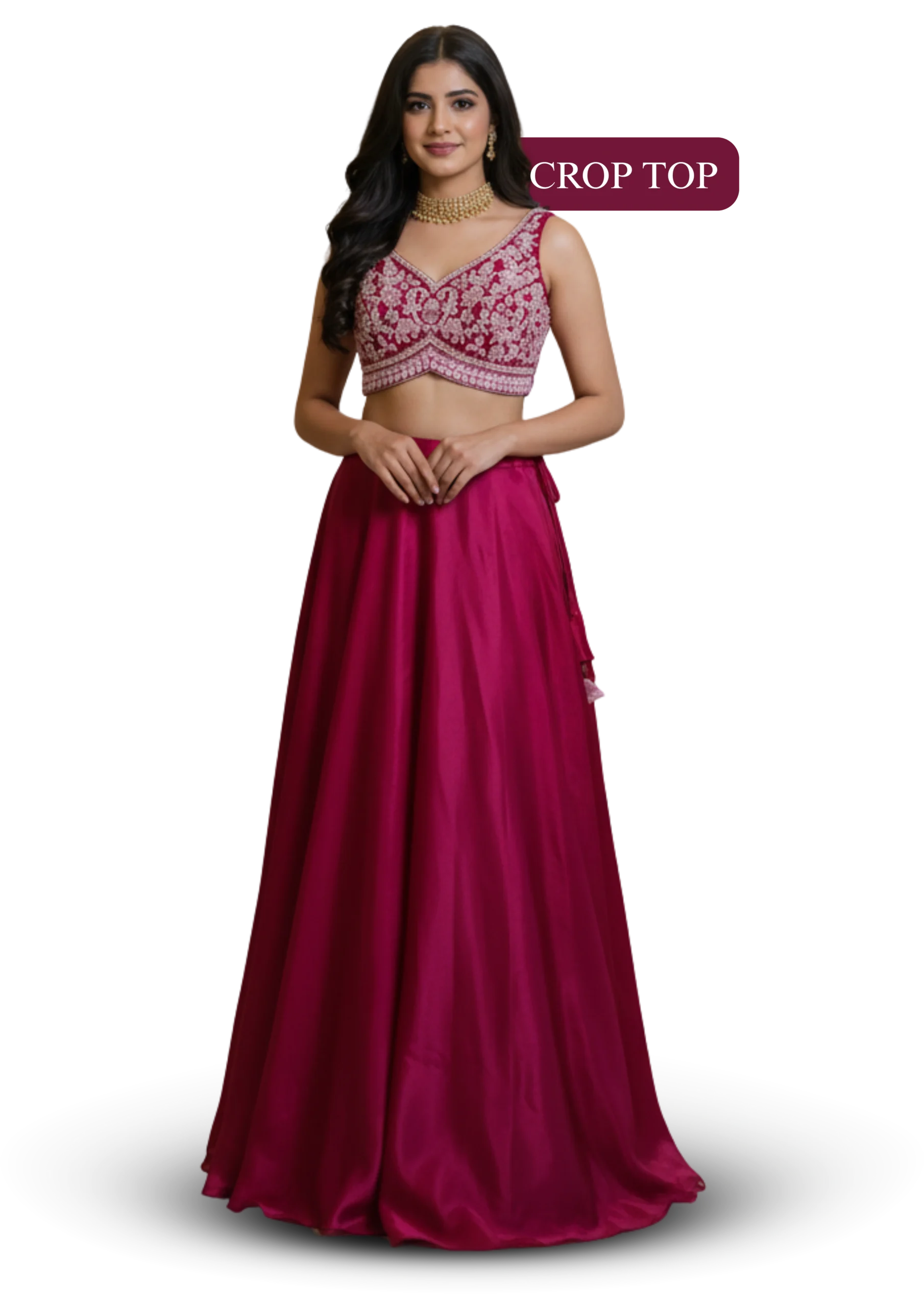 Pink crop top lehenga with embroidered blouse and flowy skirt for festive and engagement wear