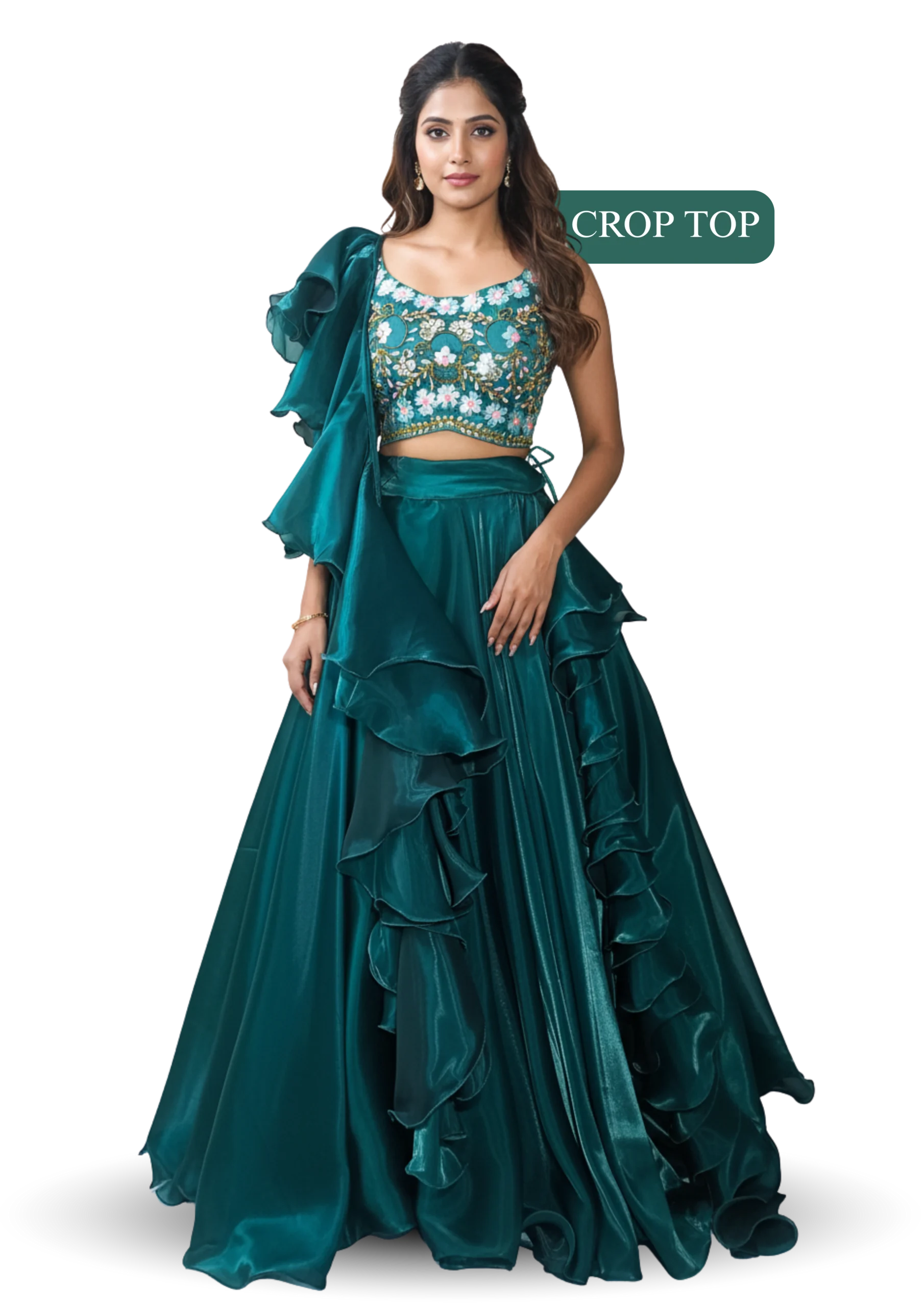 Woman wearing teal embroidered crop top lehenga with ruffled skirt and elegant festive ethnic wear design.
