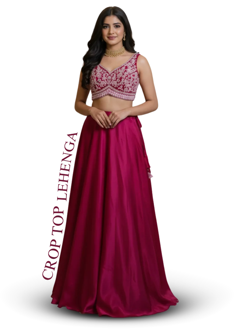 Pink crop top lehenga with embroidered blouse and flowy skirt for festive and engagement wear