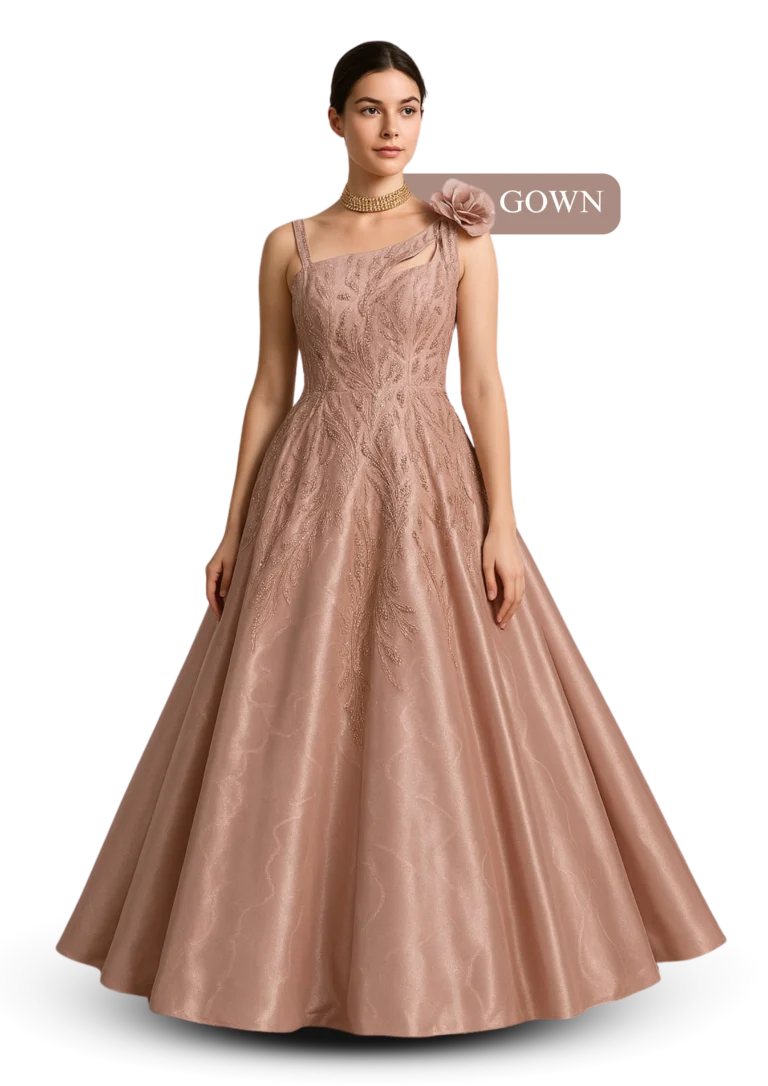 Blush pink embroidered designer gown for party wear, bridal events and evening occasions-xtichify