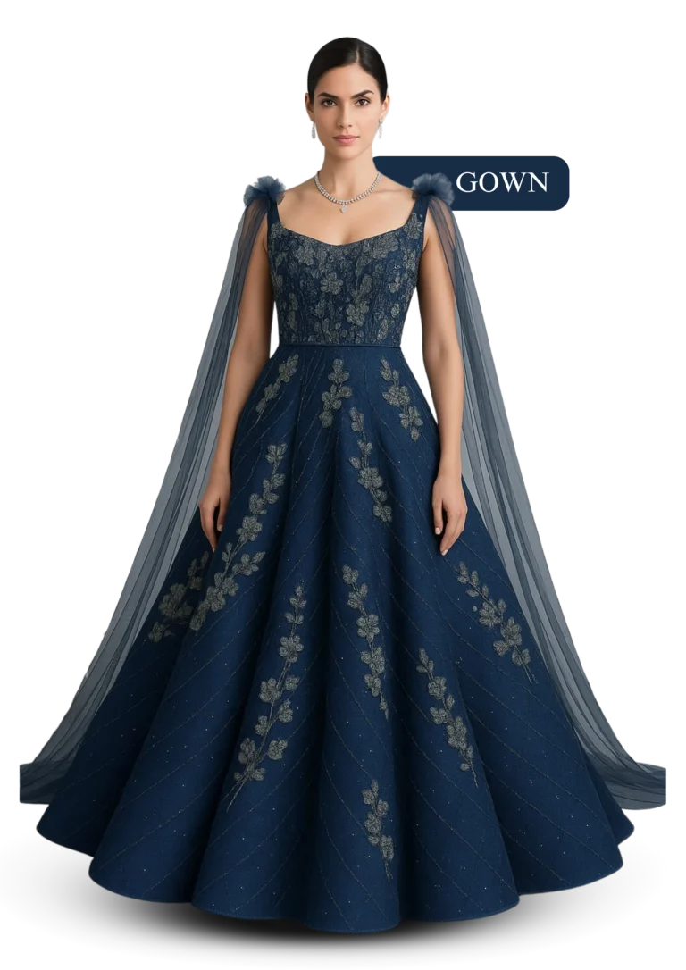 Navy blue embellished evening gown with cape sleeves for receptions, parties and special occasions-xtichify.com